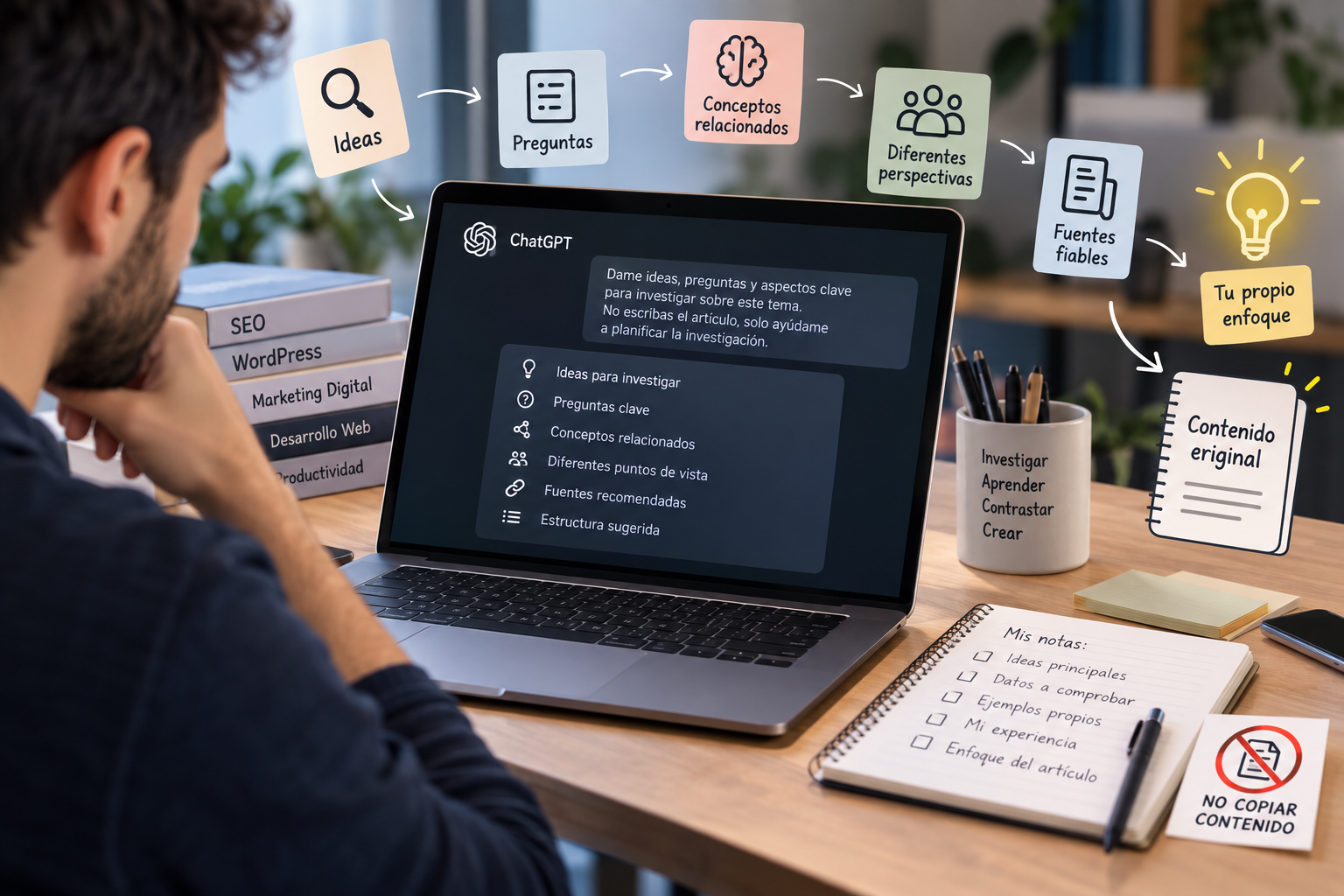 Cómo utilizar la IA para investigar ideas sin copiar contenido